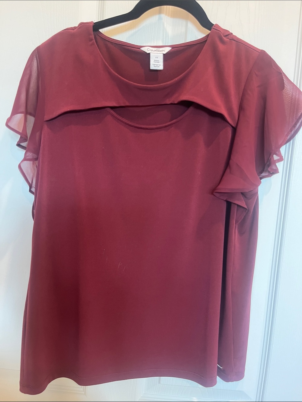 Calvin Klein Women's Maroon Layered Flutter-Sleeve Blouse